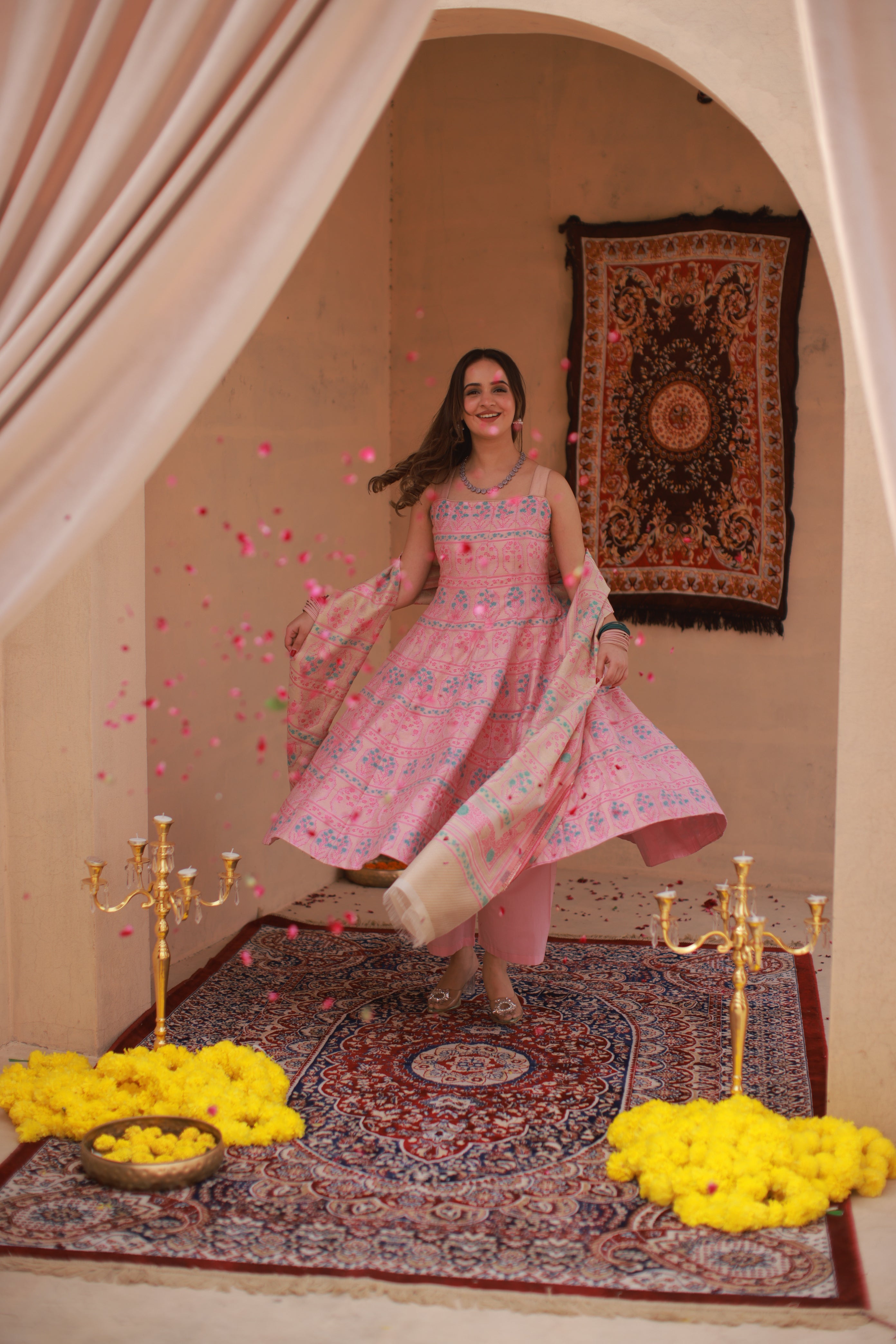 Kidar Pink Silk Sequin Embellished Anarkali Set