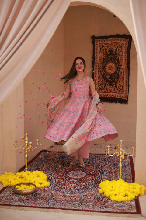 Kidar Pink Silk Sequin Embellished Anarkali Set