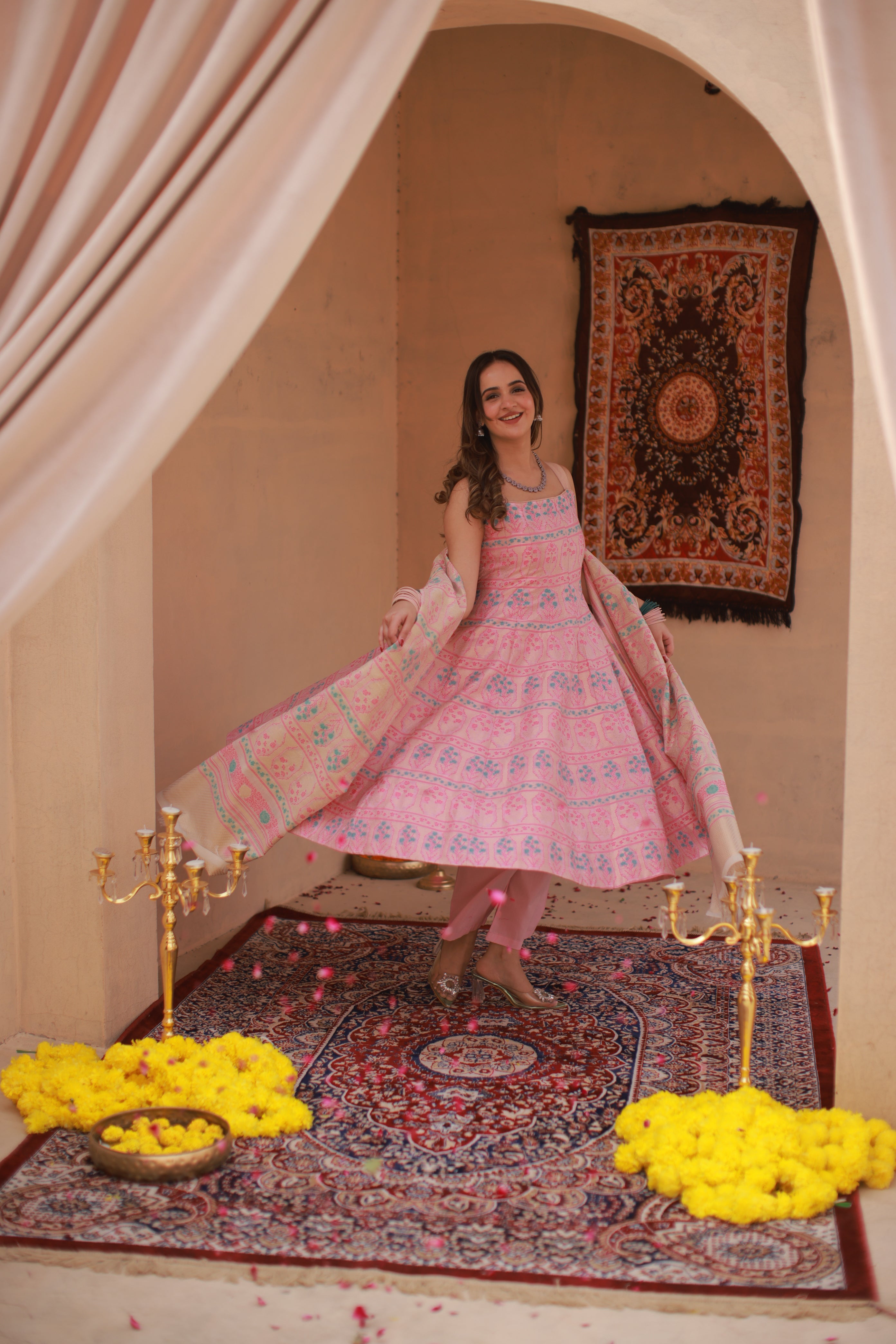 Kidar Pink Silk Sequin Embellished Anarkali Set