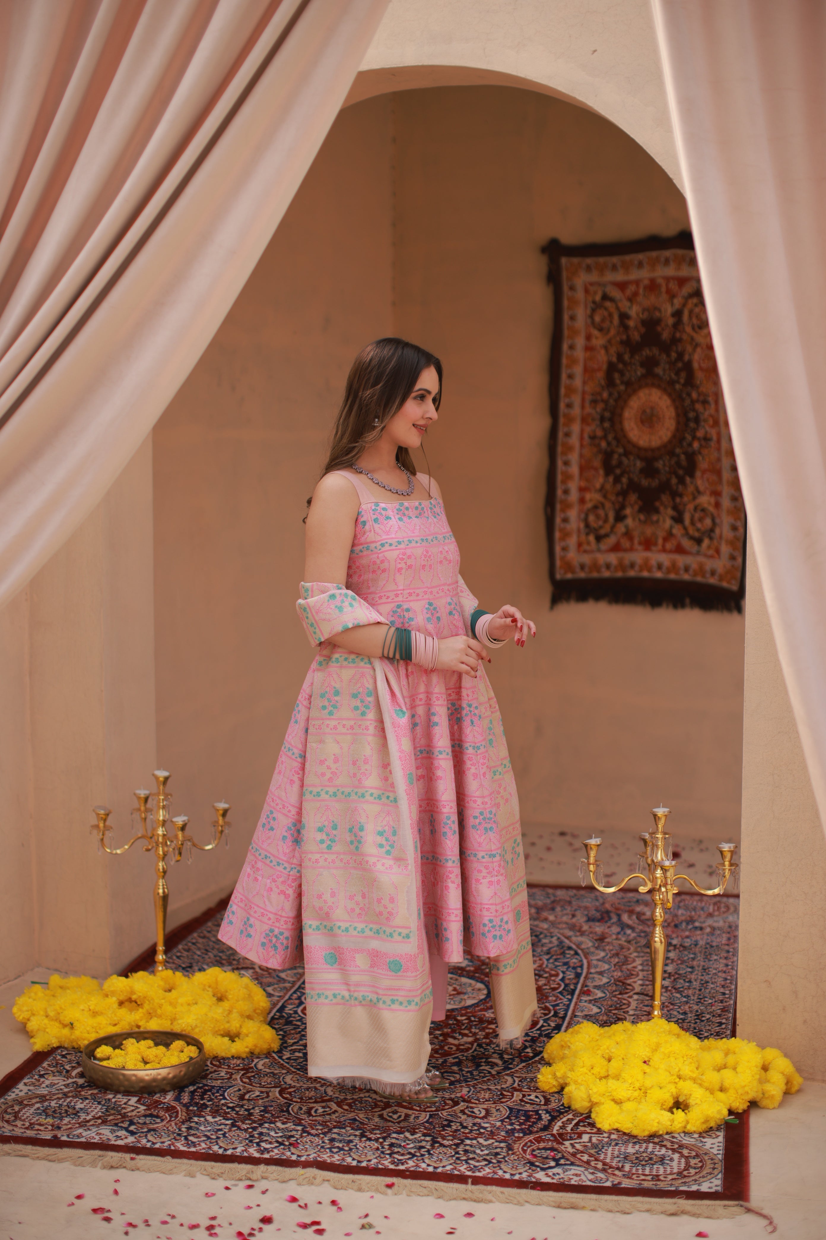 Kidar Pink Silk Sequin Embellished Anarkali Set