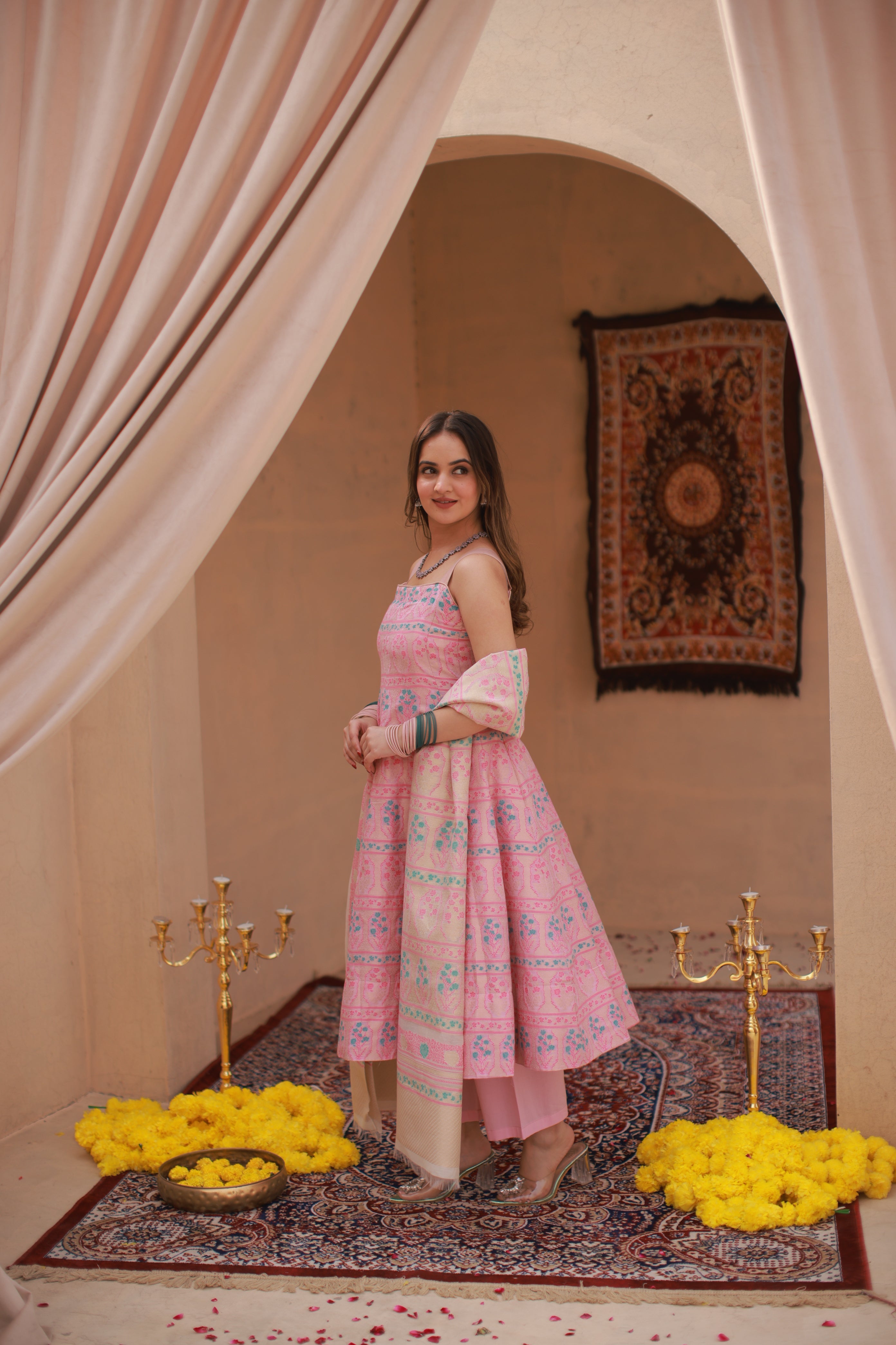 Kidar Pink Silk Sequin Embellished Anarkali Set