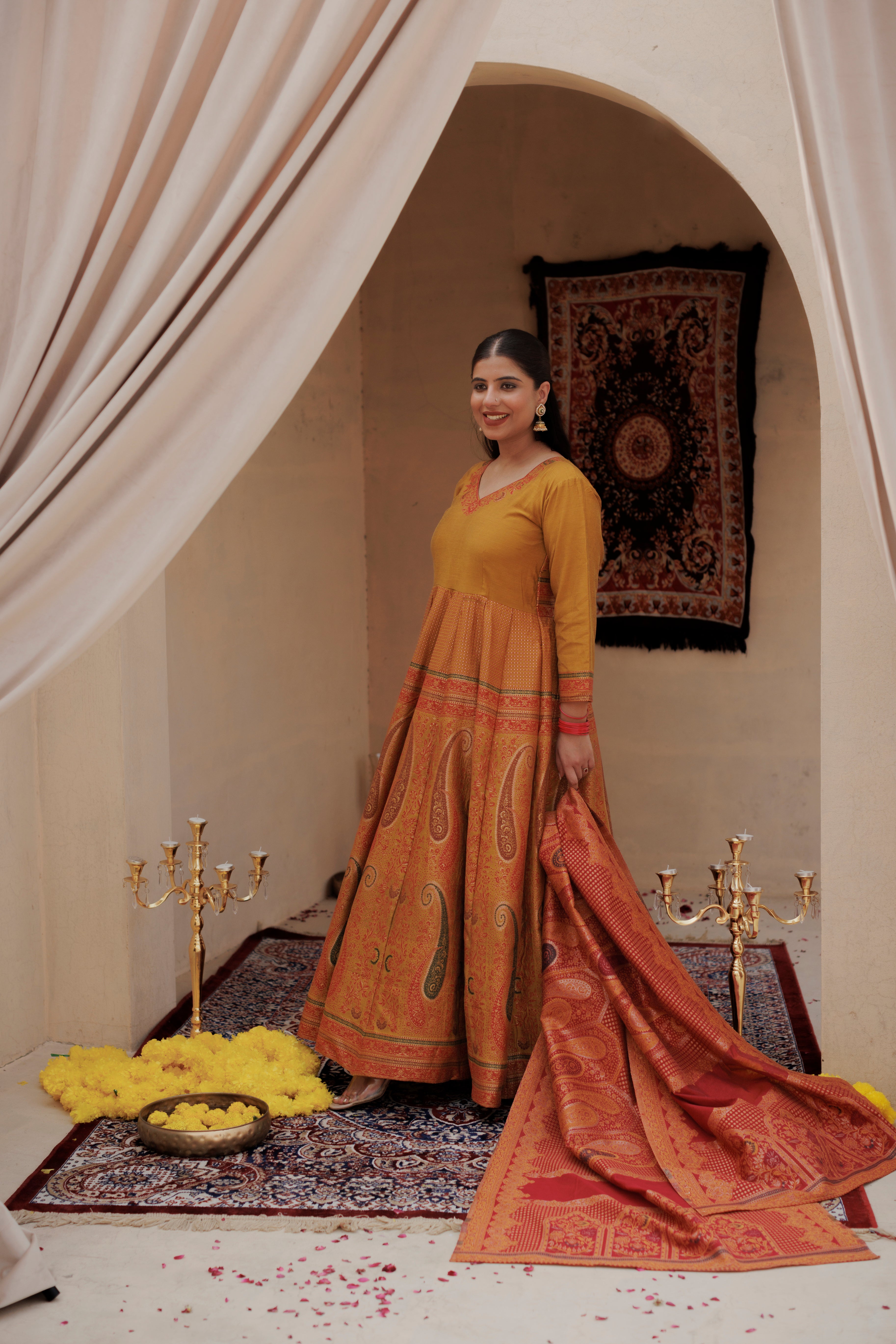 Kidar Rust Color Silk Sequin Embellished Anarkali Set