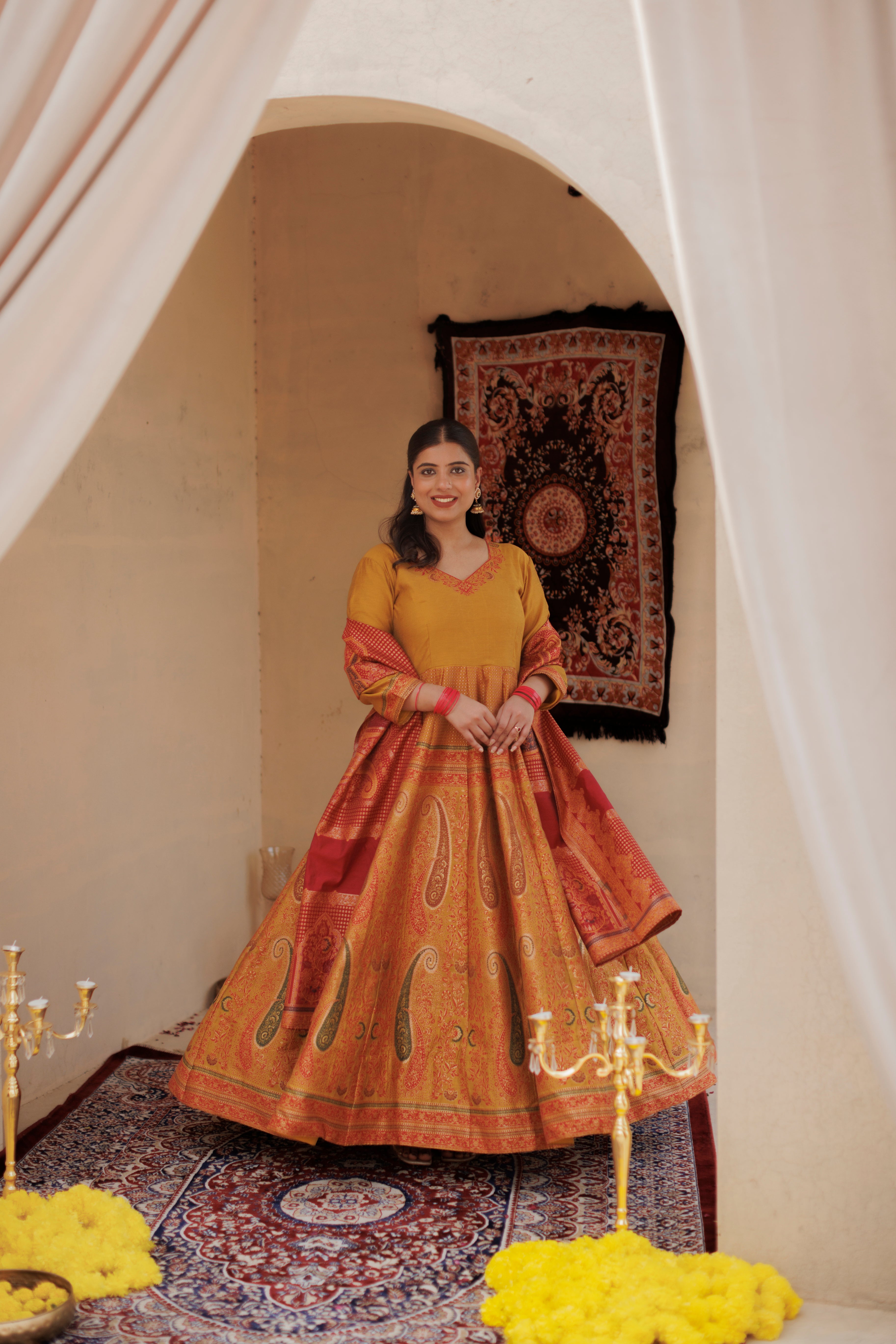 Kidar Rust Color Silk Sequin Embellished Anarkali Set