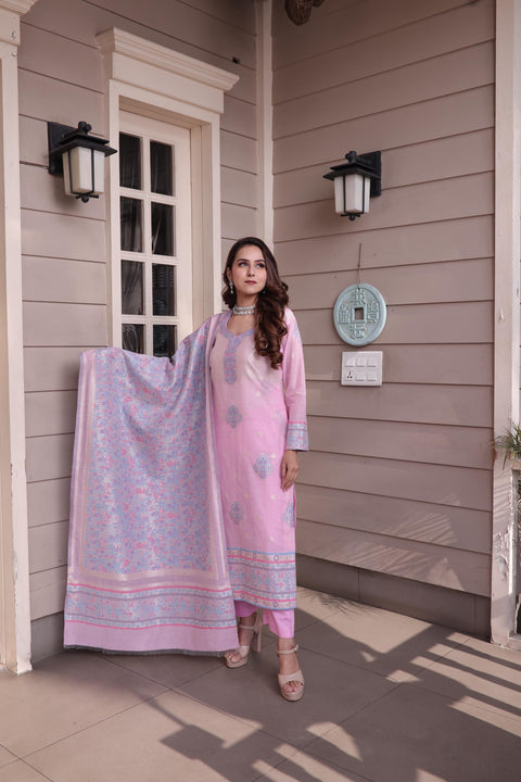 Kidar's Unstitched Cotton Silk Suit In Light pink