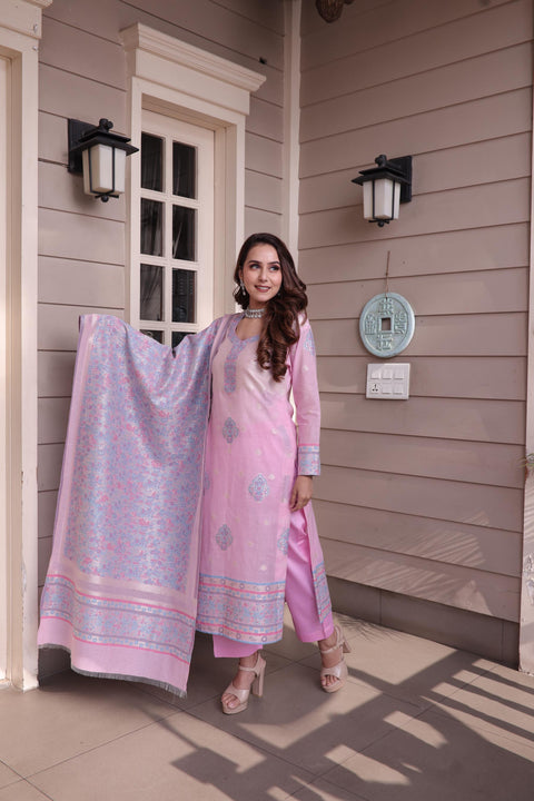 Kidar's Unstitched Cotton Silk Suit In Light pink