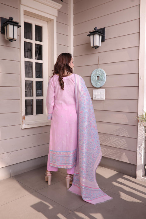 Kidar's Unstitched Cotton Silk Suit In Light pink