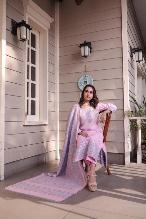 Kidar's Unstitched Cotton Silk Suit In Light pink