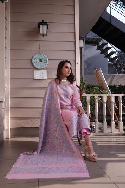 Kidar's Unstitched Cotton Silk Suit In Light pink