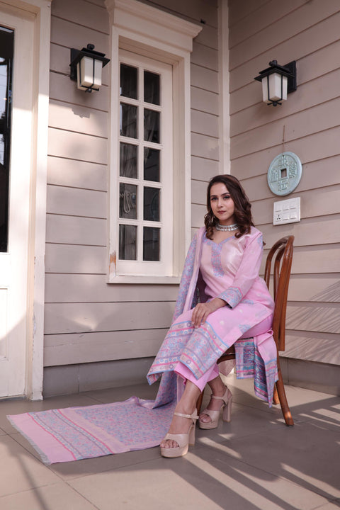 Kidar's Unstitched Cotton Silk Suit In Light pink