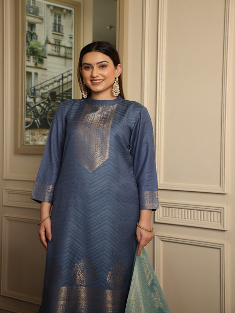 Kidar's Mid Blue Acrylic Woolen Kurta Set