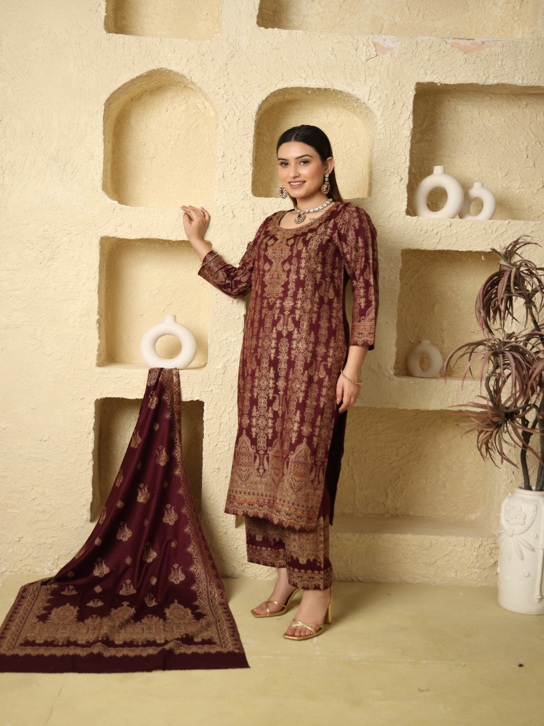 Kidar's Wine Acrylic Woolen Kurta Set