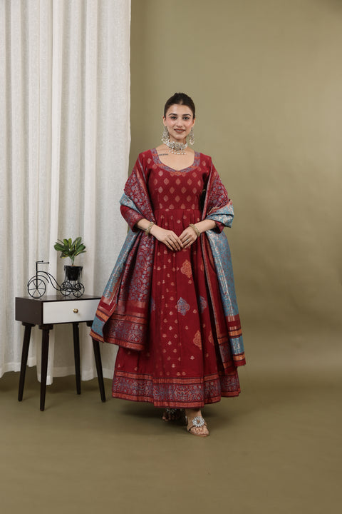 Kidar Mehroon Anarkali Suit Set In Georgette With Thread Work