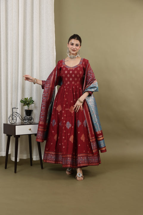 Kidar Mehroon Anarkali Suit Set In Georgette With Thread Work