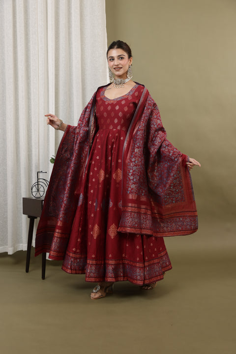 Kidar Mehroon Anarkali Suit Set In Georgette With Thread Work