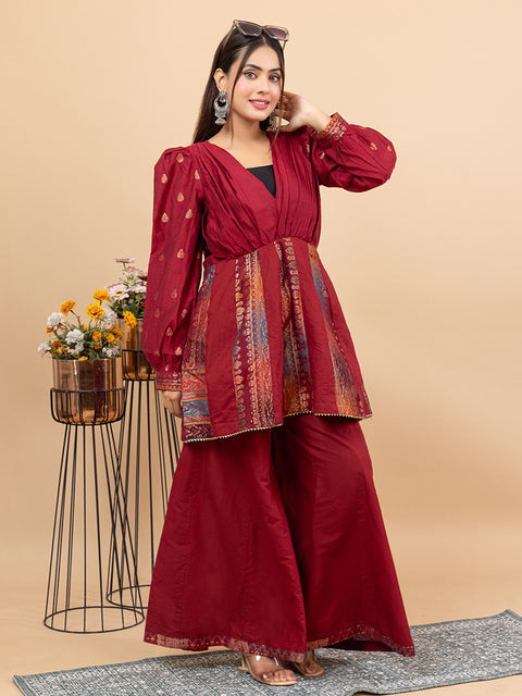 Designer Mehroon Anarkali style with Sharara – Stylish Ethnic Co-Ord Set