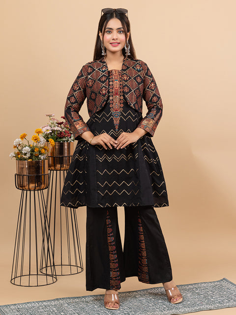 Black Anarkali style Top Co-Ord Set with Stylish Cropped Jacket and Wide-Leg Palazzo Pants