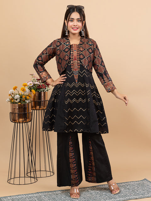 Black Anarkali style Top Co-Ord Set with Stylish Cropped Jacket and Wide-Leg Palazzo Pants