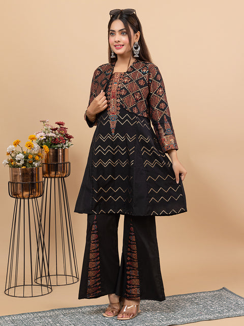 Black Anarkali style Top Co-Ord Set with Stylish Cropped Jacket and Wide-Leg Palazzo Pants