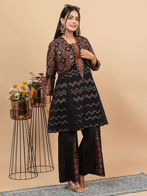 Black Anarkali style Top Co-Ord Set with Stylish Cropped Jacket and Wide-Leg Palazzo Pants