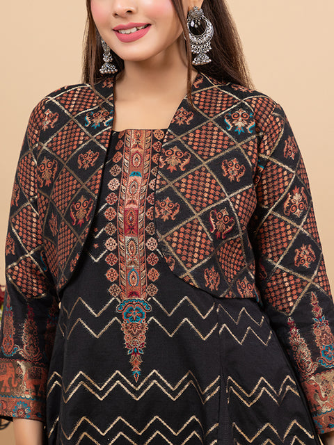 Black Anarkali style Top Co-Ord Set with Stylish Cropped Jacket and Wide-Leg Palazzo Pants