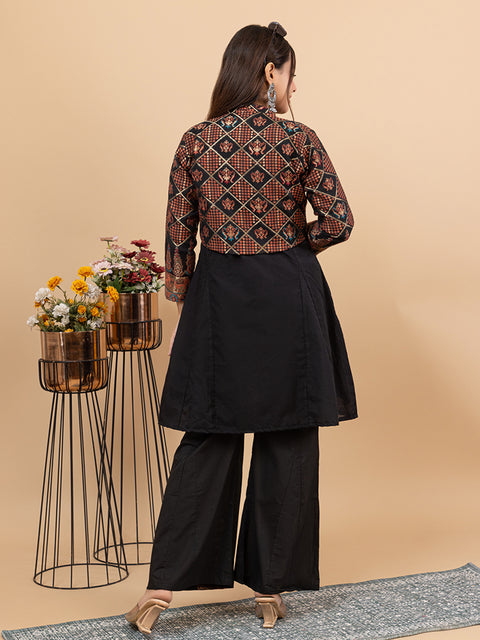 Black Anarkali style Top Co-Ord Set with Stylish Cropped Jacket and Wide-Leg Palazzo Pants