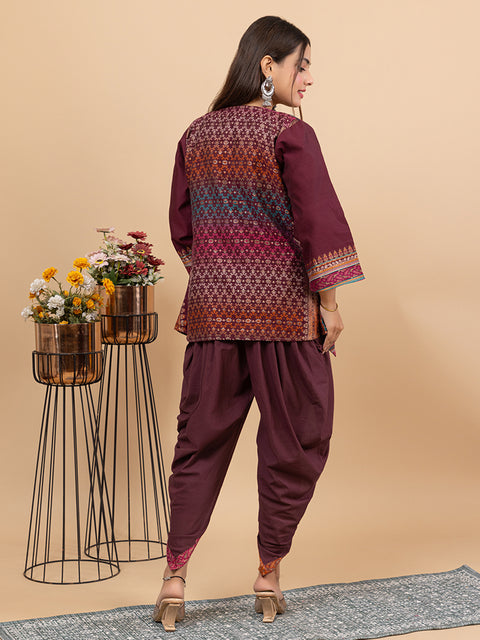 Stylish Wine Cotton Silk Dhoti Pant Set with Embroidered Crop Top & Jacket