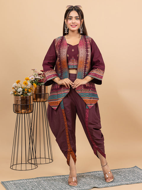 Stylish Wine Cotton Silk Dhoti Pant Set with Embroidered Crop Top & Jacket