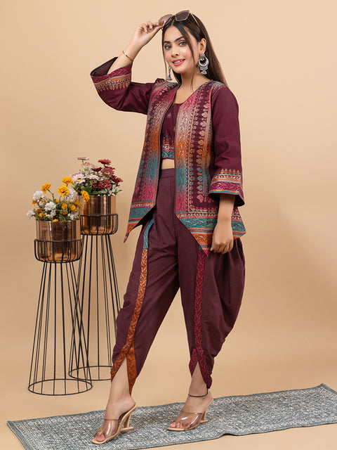 Stylish Wine Cotton Silk Dhoti Pant Set with Embroidered Crop Top & Jacket