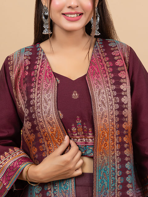 Stylish Wine Cotton Silk Dhoti Pant Set with Embroidered Crop Top & Jacket