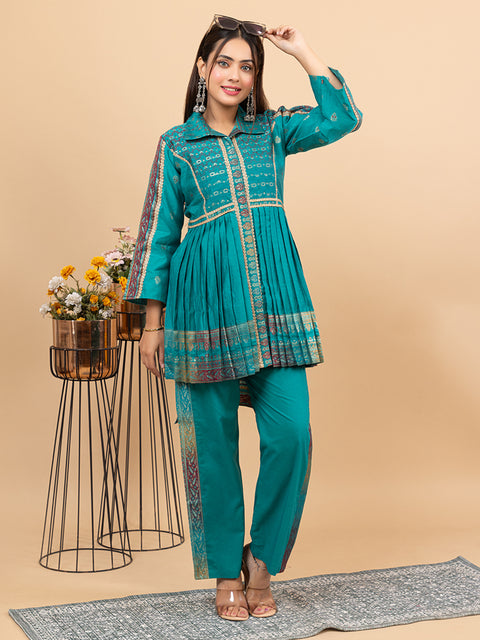Kidar New Green Flared Co-Ord Set with Detailed Borders