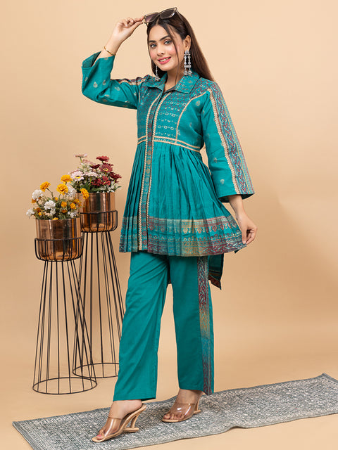 Kidar New Green Flared Co-Ord Set with Detailed Borders
