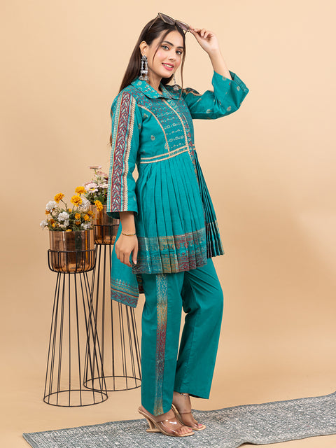 Kidar New Green Flared Co-Ord Set with Detailed Borders
