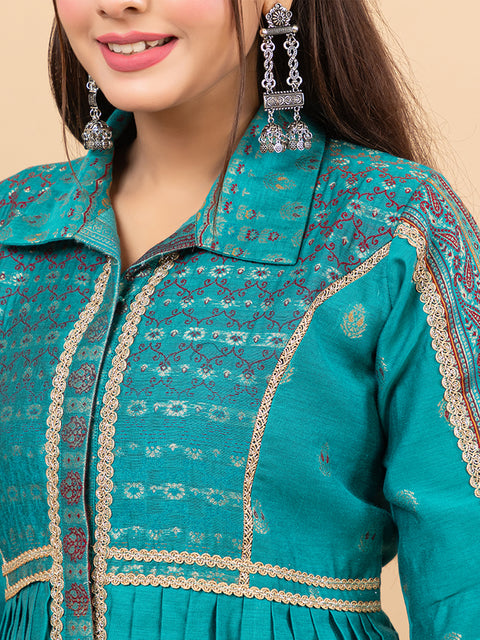 Kidar New Green Flared Co-Ord Set with Detailed Borders