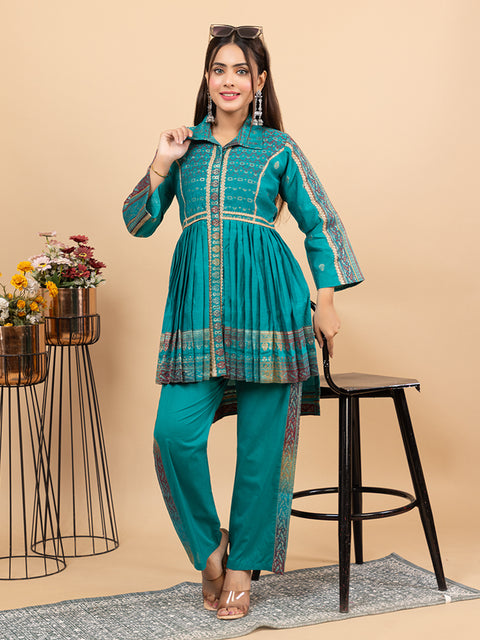 Kidar New Green Flared Co-Ord Set with Detailed Borders
