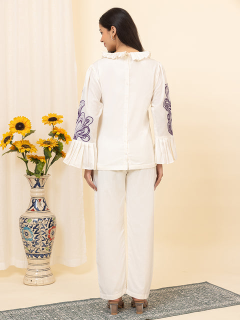 Designer White Co-ord Set with Bell Sleeves and Purple Embroidered Detailing