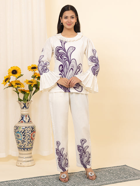 Designer White Co-ord Set with Bell Sleeves and Purple Embroidered Detailing