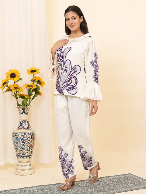 Designer White Co-ord Set with Bell Sleeves and Purple Embroidered Detailing