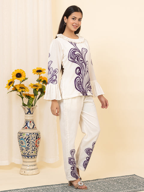 Designer White Co-ord Set with Bell Sleeves and Purple Embroidered Detailing