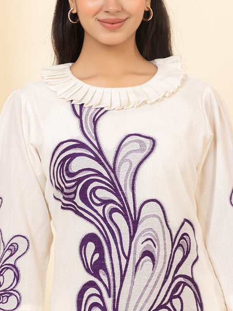 Designer White Co-ord Set with Bell Sleeves and Purple Embroidered Detailing