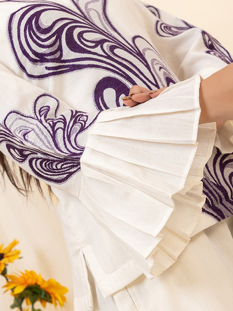 Designer White Co-ord Set with Bell Sleeves and Purple Embroidered Detailing