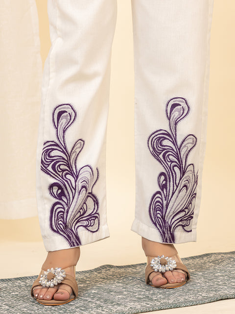 Designer White Co-ord Set with Bell Sleeves and Purple Embroidered Detailing