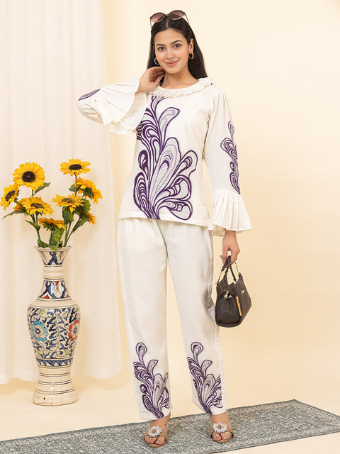 Designer White Co-ord Set with Bell Sleeves and Purple Embroidered Detailing