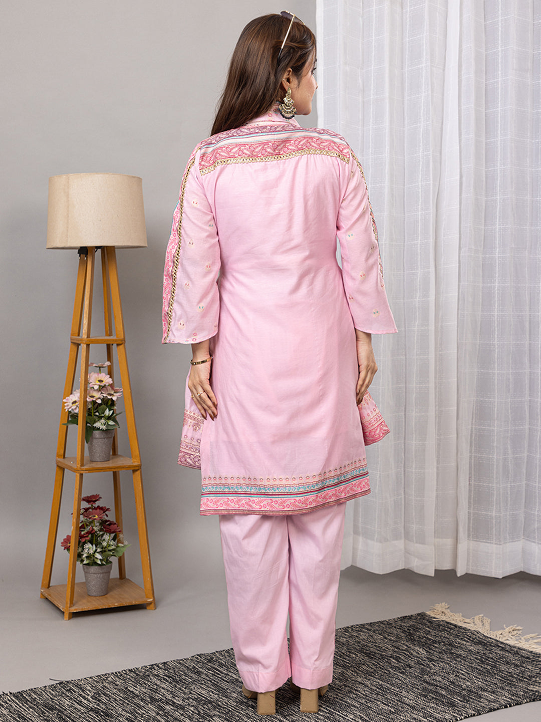 Kidar Pink Flared Co-Ord Set with Detailed Borders