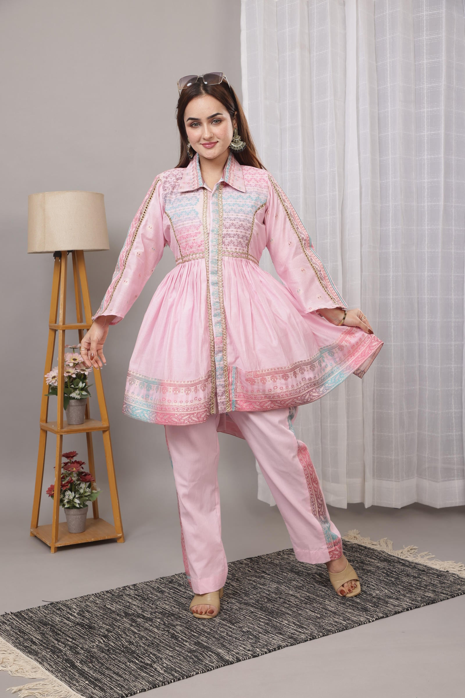 Kidar Pink Flared Co-Ord Set with Detailed Borders