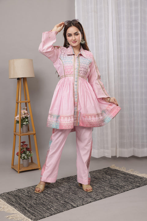 Kidar Pink Flared Co-Ord Set with Detailed Borders