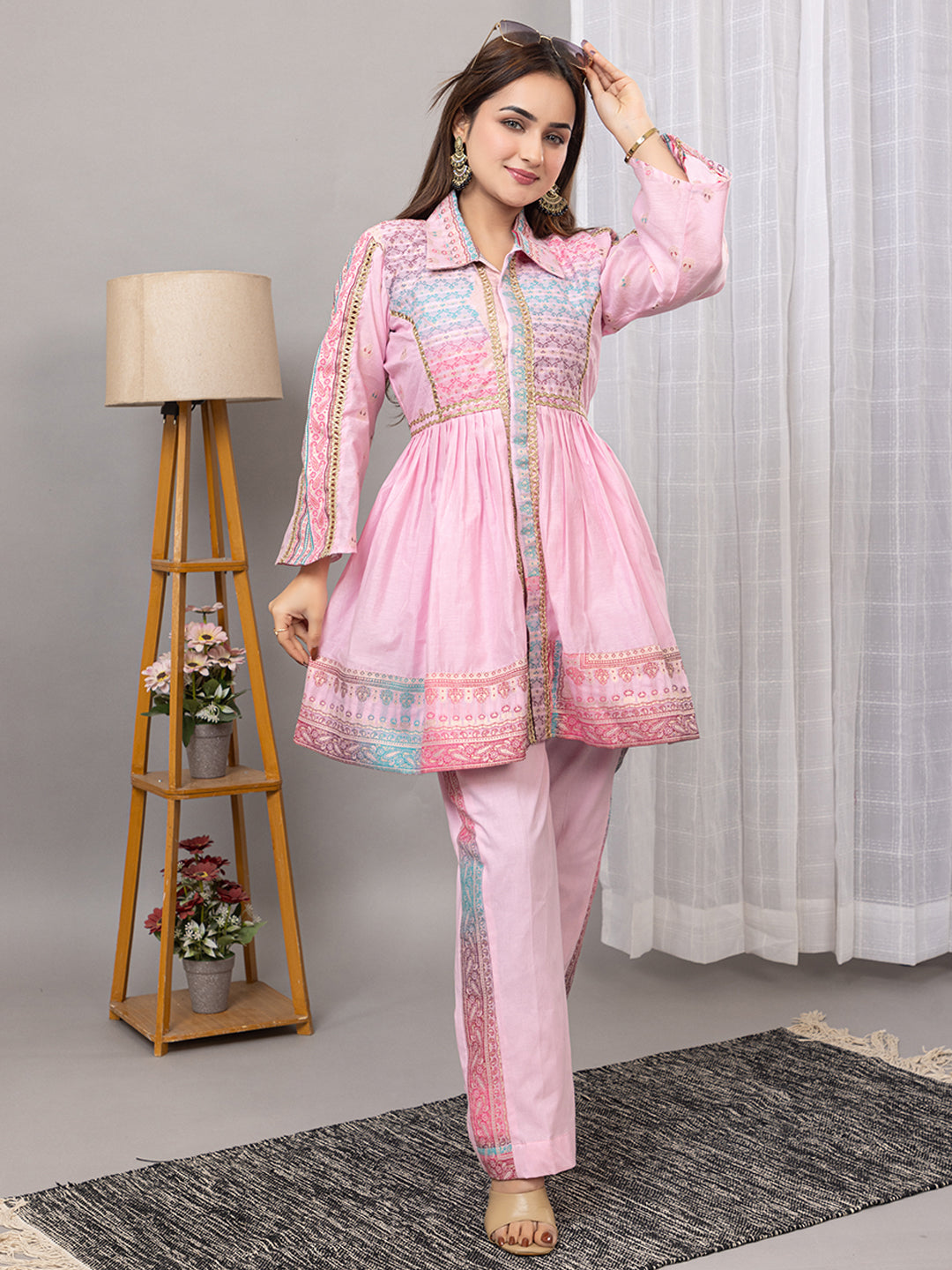 Kidar Pink Flared Co-Ord Set with Detailed Borders