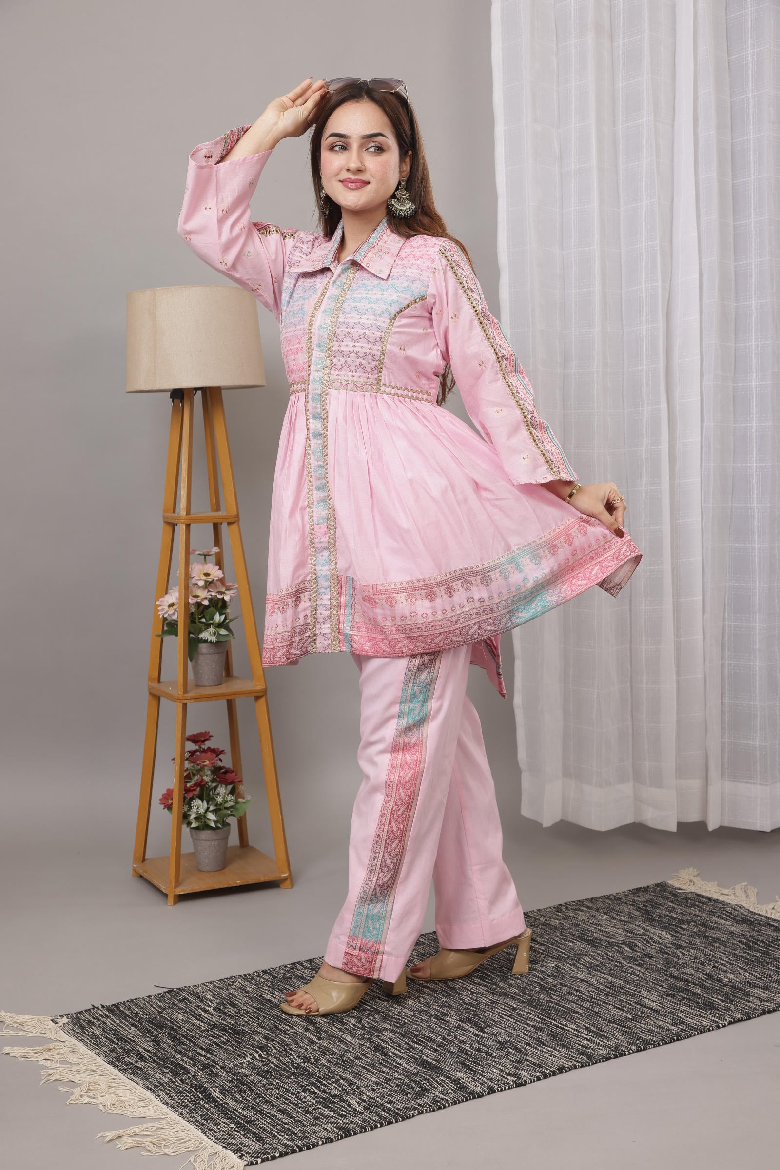 Kidar Pink Flared Co-Ord Set with Detailed Borders