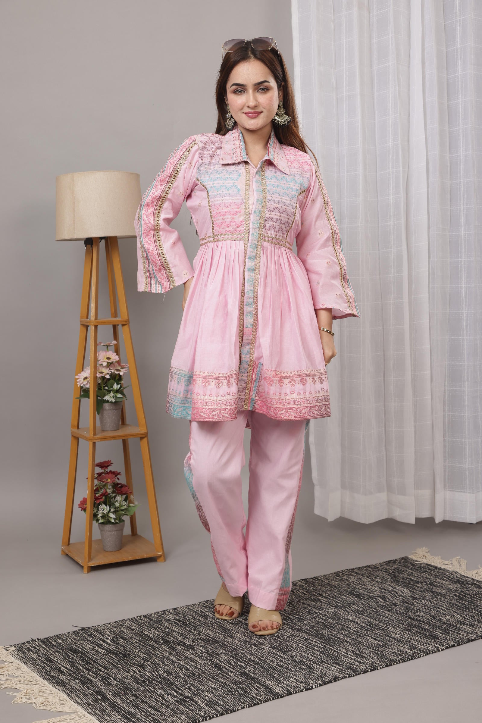 Kidar Pink Flared Co-Ord Set with Detailed Borders