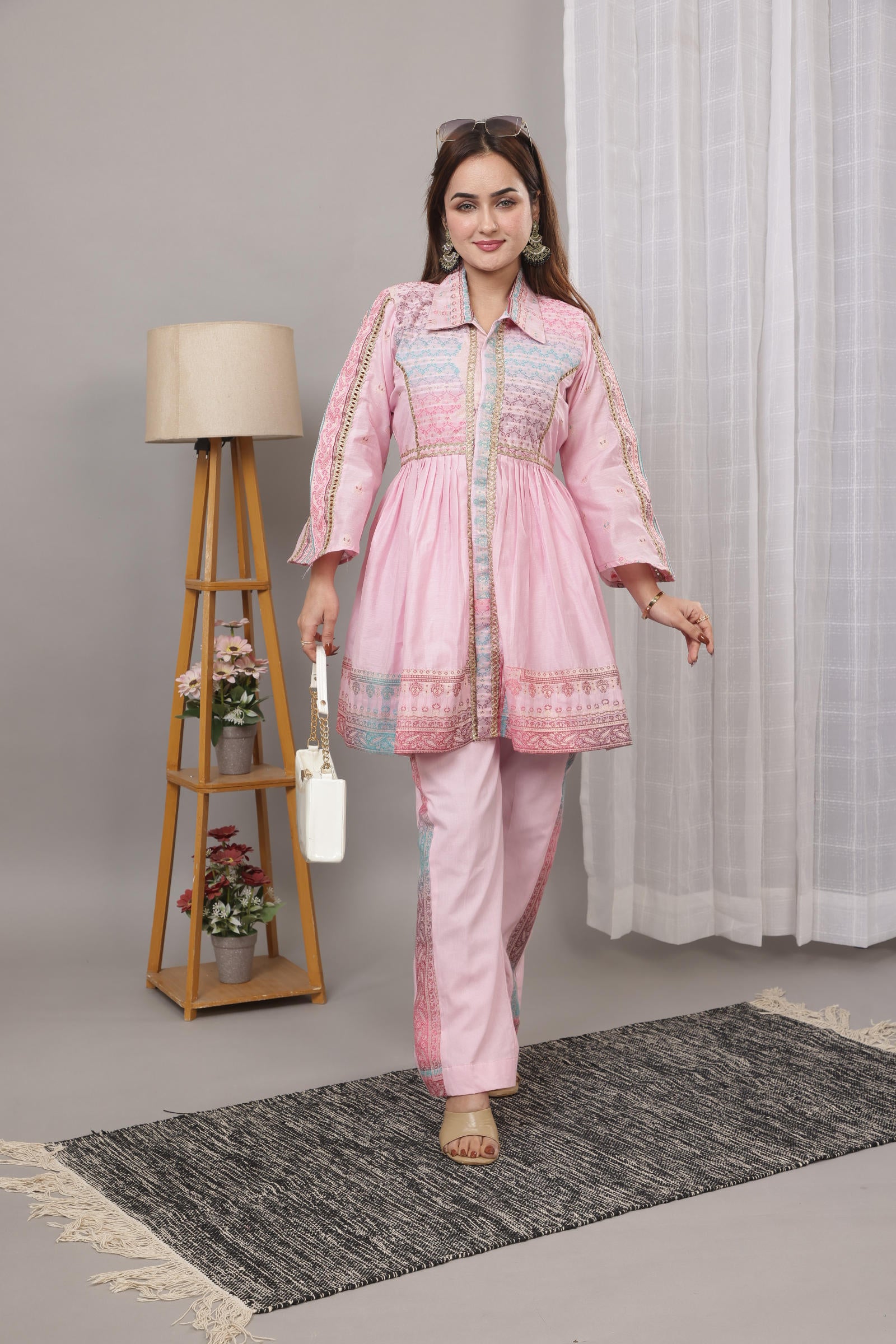 Kidar Pink Flared Co-Ord Set with Detailed Borders