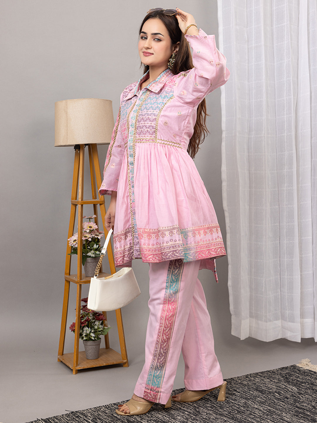 Kidar Pink Flared Co-Ord Set with Detailed Borders